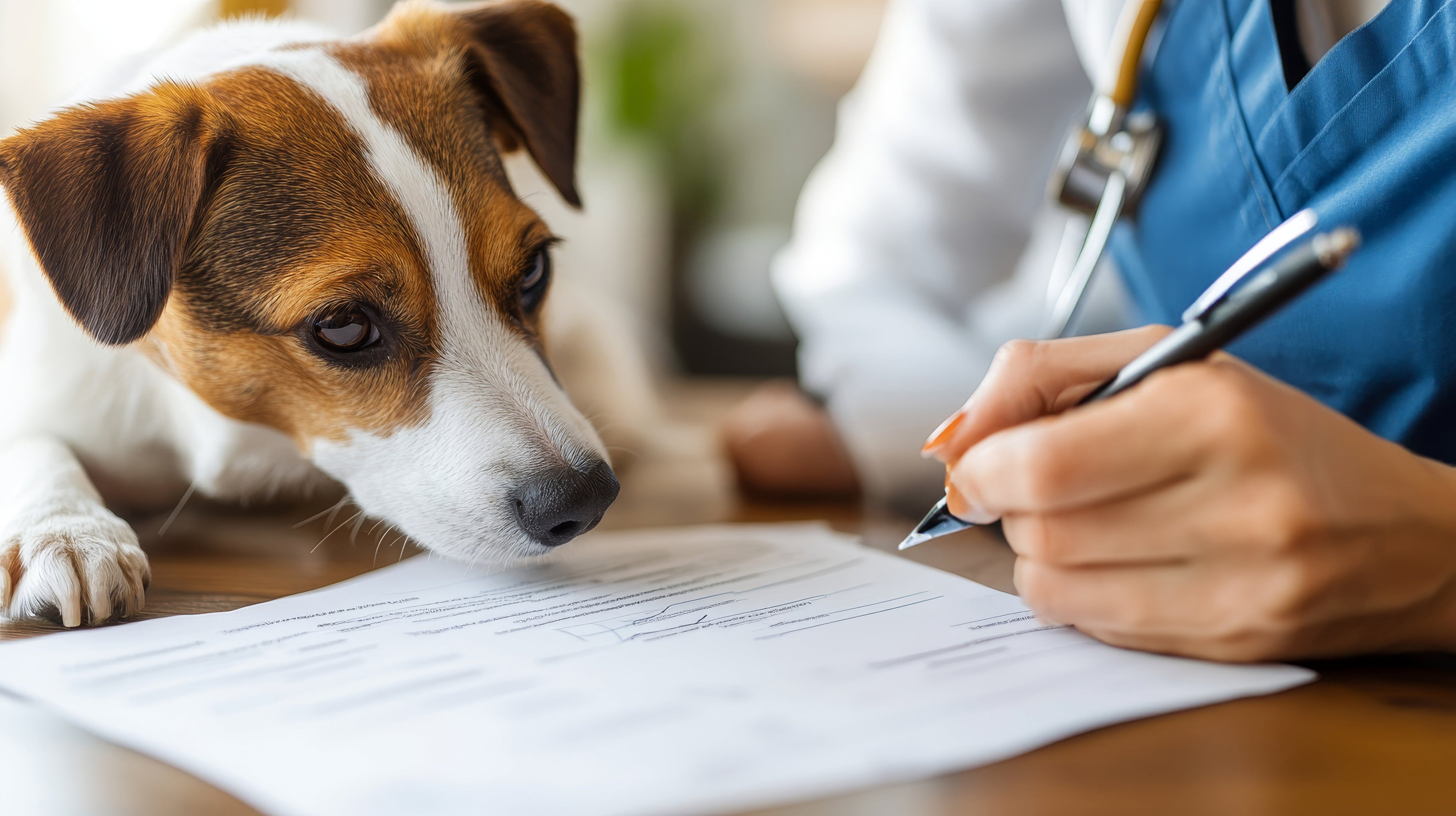 Dog watches veterinarian fill out form