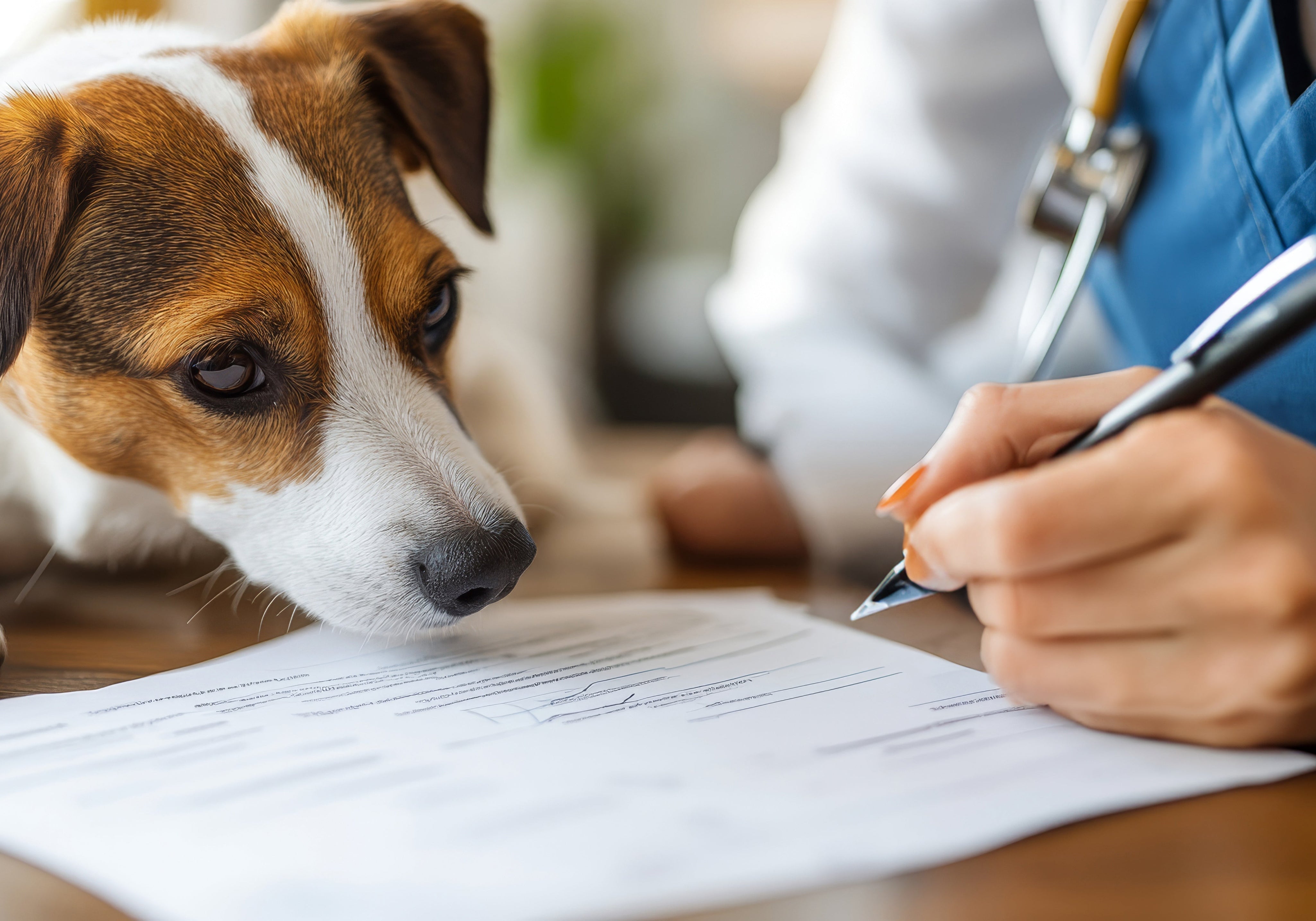 Dog watches veterinarian fill out form